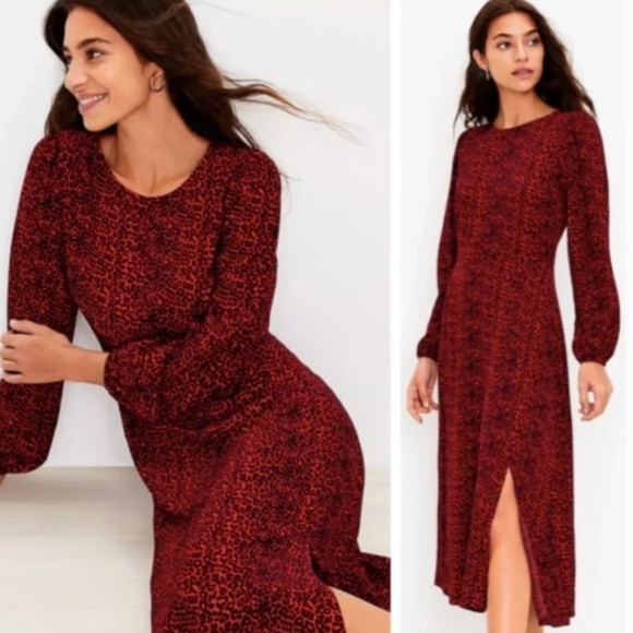 Loft Red Animal Print Cheetah Long Sleeve Midi Dress Size 8 - Picture 1 of 9